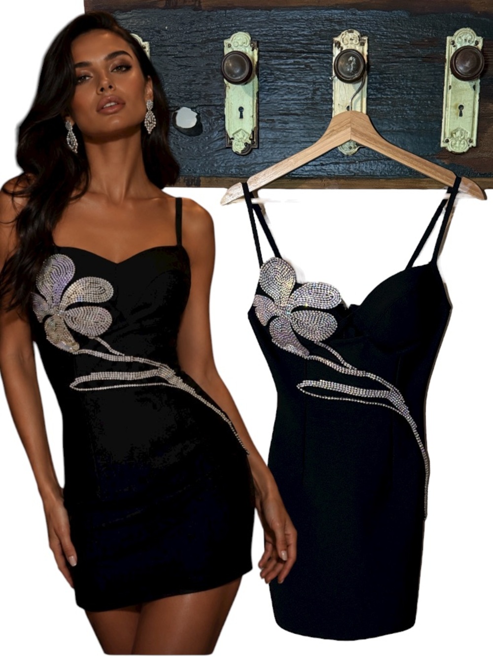Mew Mews Diamante Rhinestone Flower Front Black Bandage Mini Dress Size XS